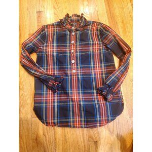 J.Crew Womens Classic Plaid Ruffle Trim Button Blouse Rhinestone Buttons Size 2